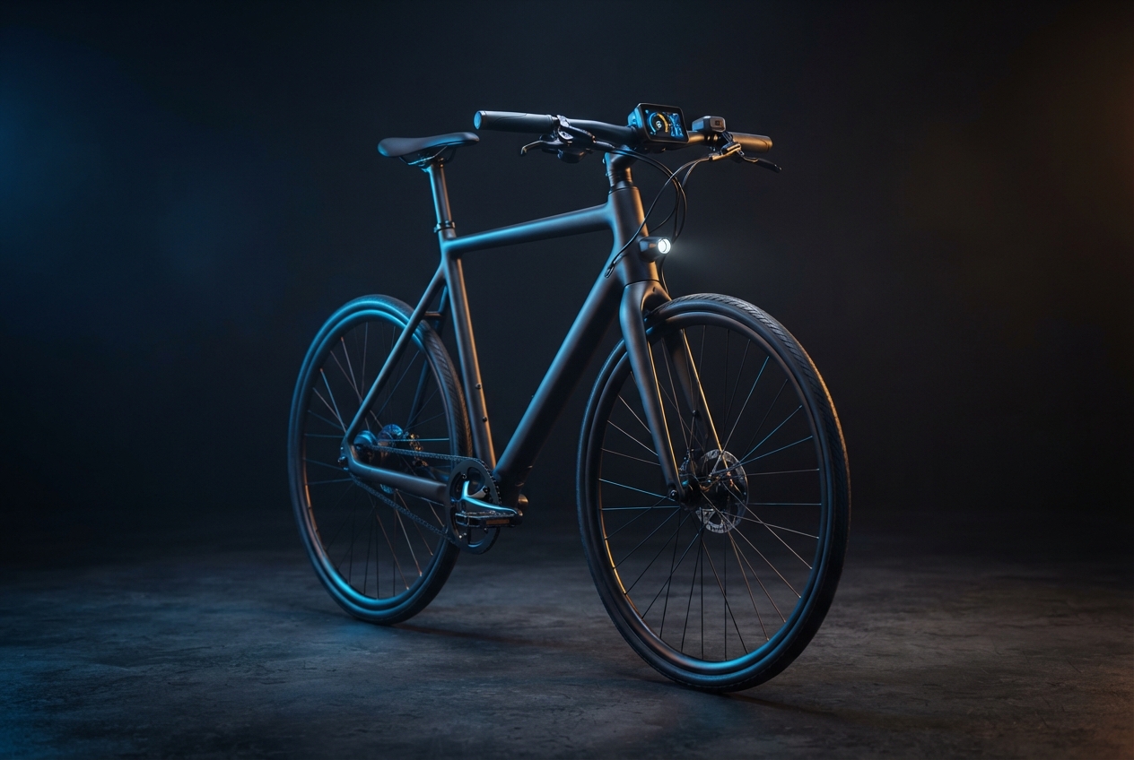 Dark modern bicycle with an illuminated handlebar display and headlight in a blue-lit studio.
