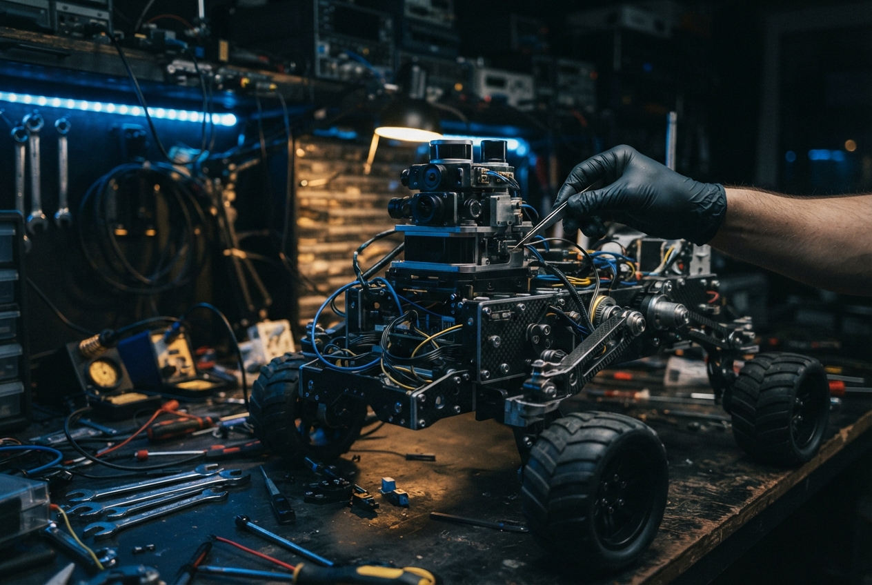 Gloved technician adjusts a sensor assembly on a four-wheeled robot in a cluttered electronics workshop.