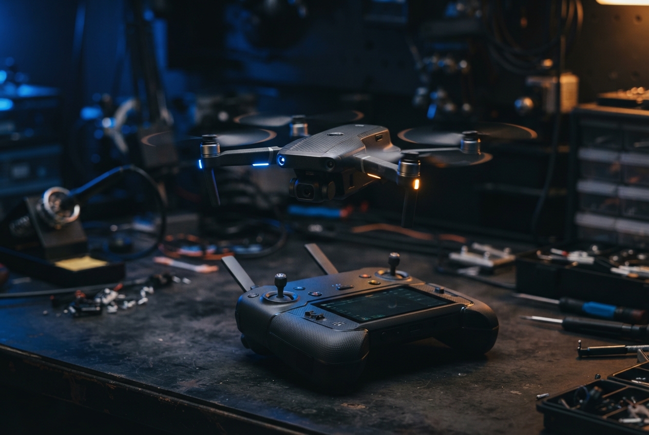 Quadrotor drone hovering above its remote controller on an electronics-filled workshop bench.