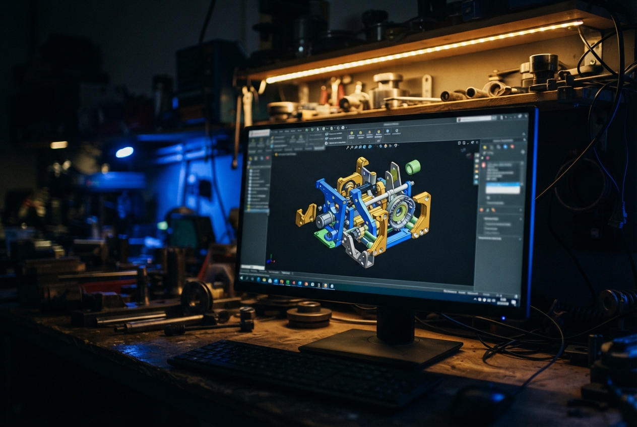 Computer monitor displaying a colorful 3D mechanical assembly in a dim, blue-lit workshop.