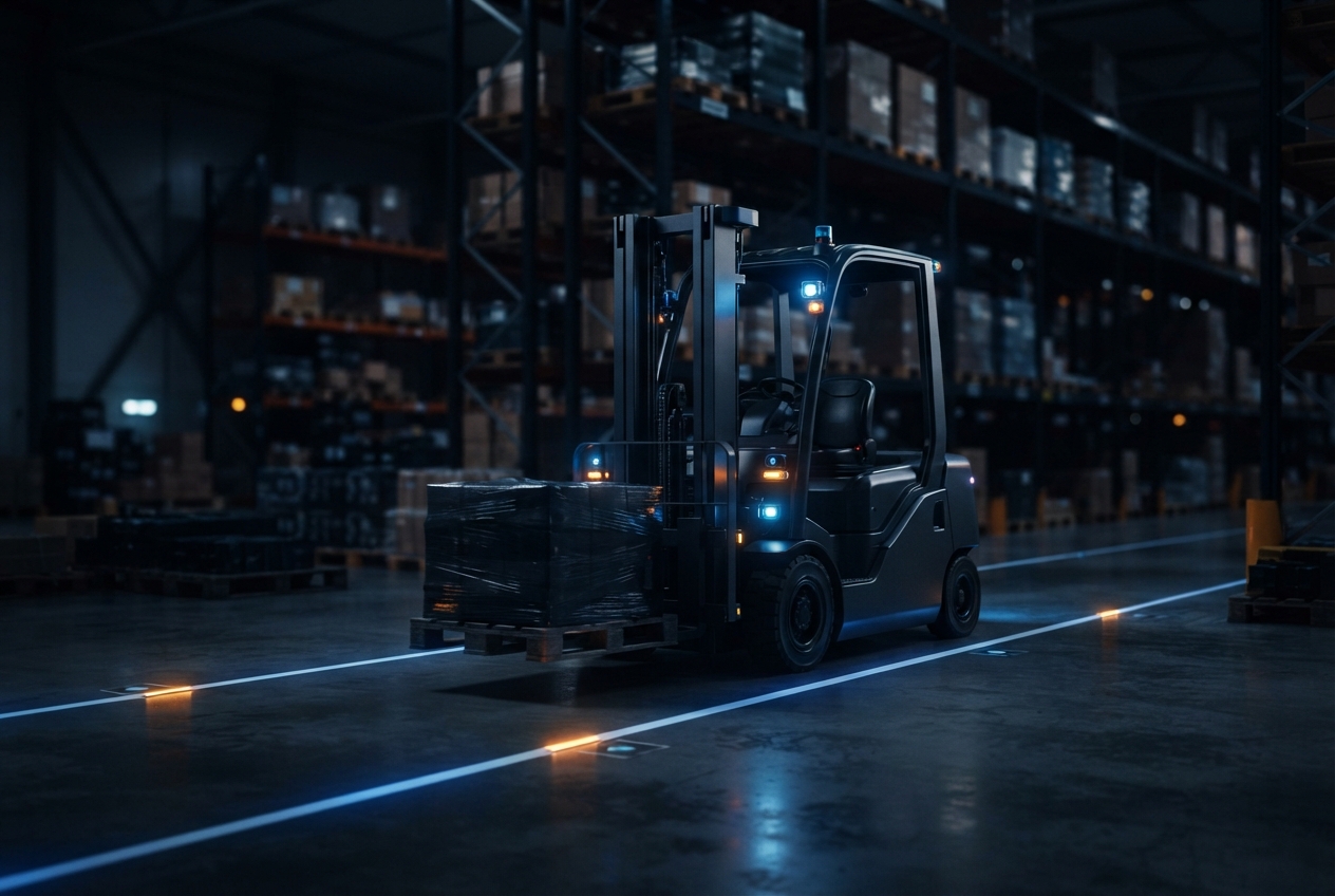 Dark warehouse with a lit forklift carrying a shrink-wrapped pallet along blue floor guide lines.