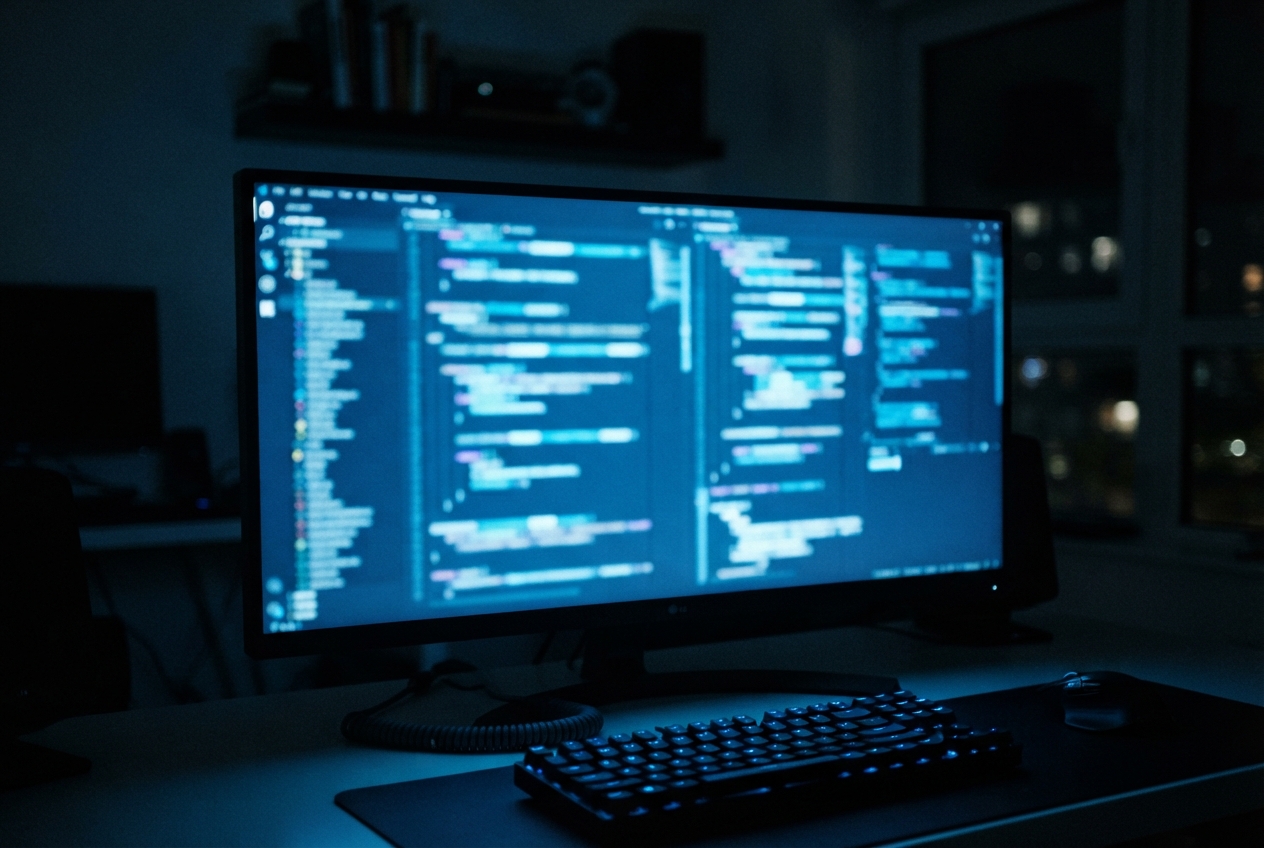Blue-lit monitor displaying blurred code panes on a desk with a backlit keyboard and mouse.